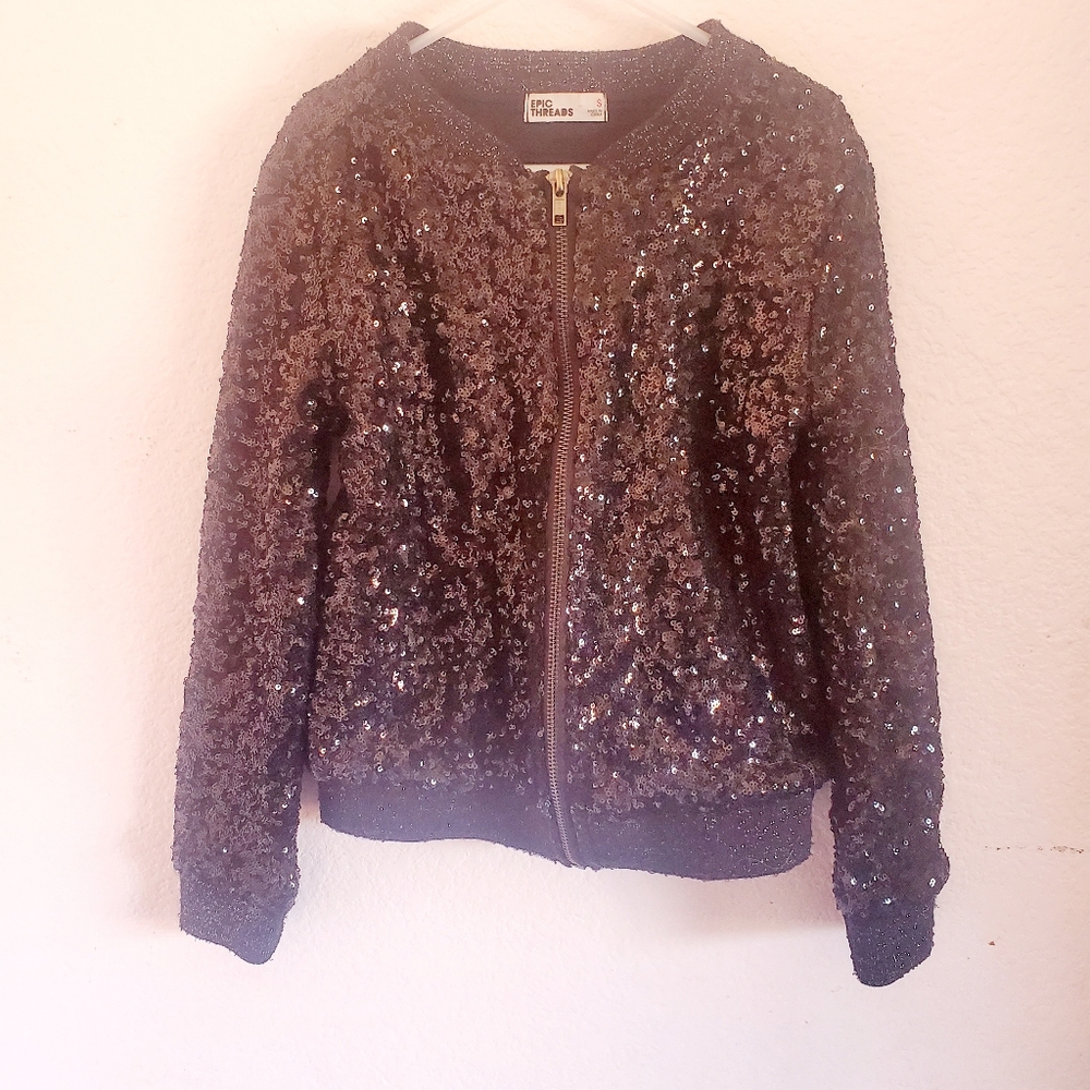 Girls black sequence bomber jacket! Size small.